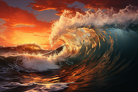 夕阳下的海浪图片