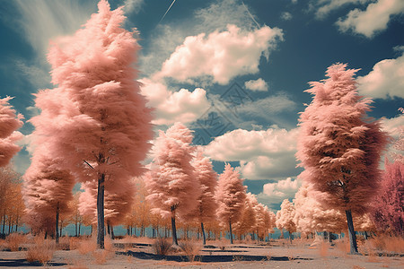 蓝天下粉红色的树林图片