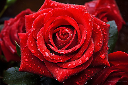 鲜红花瓣绘制水滴落在鲜红玫瑰上背景