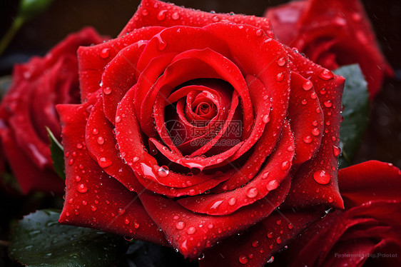 水滴落在鲜红玫瑰上图片