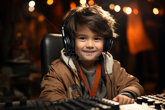 小男孩戴着耳机坐在调音台前图片