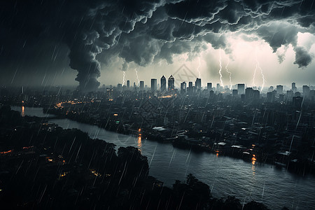 雷暴天气电闪雷鸣下的城市插画