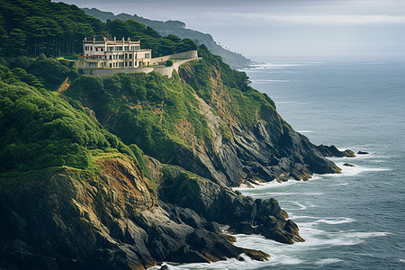 海景建筑海边悬崖上有座房子背景