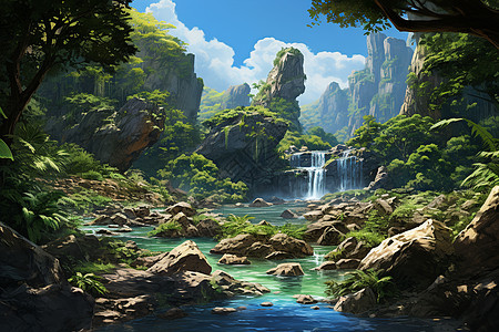 巴厘岛泻湖森林里的瀑布插画