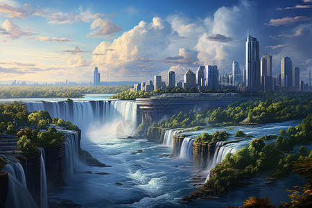 瀑布旁的城市图片
