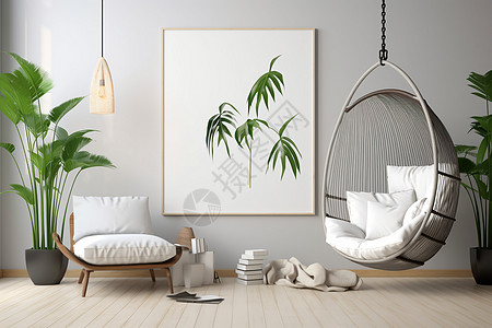 客厅里的吊床和植物挂画背景图片