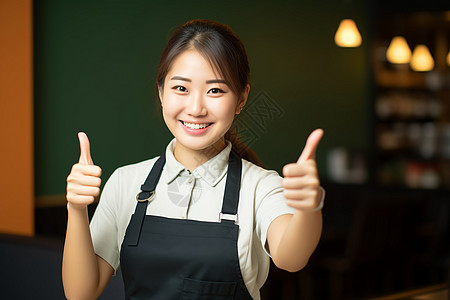 餐厅女员工竖起拇指背景