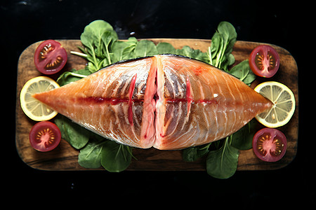 砧板上的三文鱼肉图片