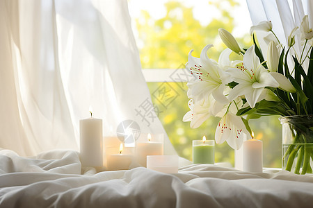 桌上的蜡烛和百合花图片