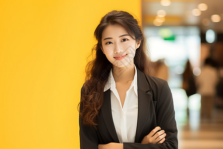 商务美女在黄墙前双臂交叉图片