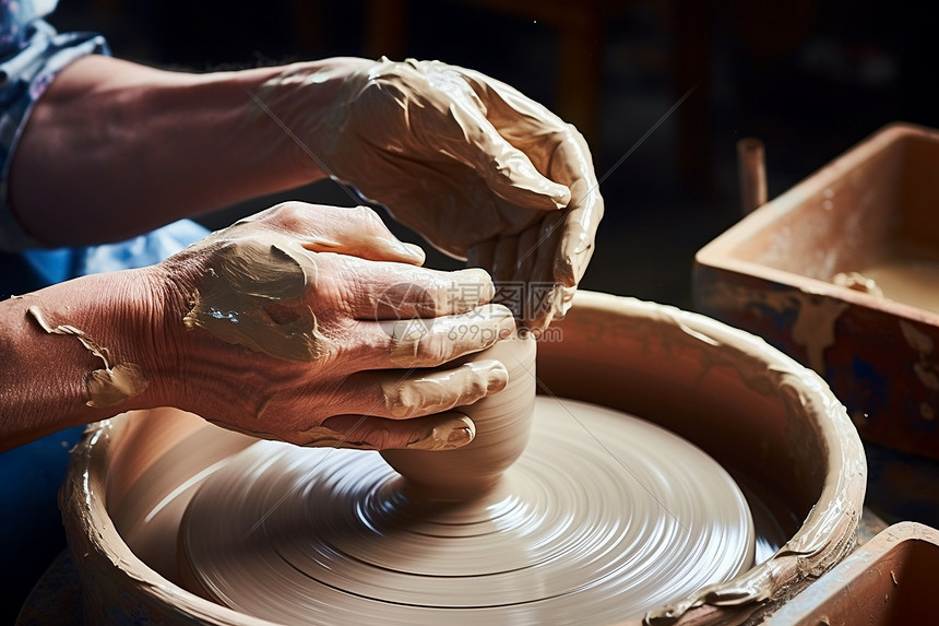 陶艺师在陶轮上制作陶罐图片