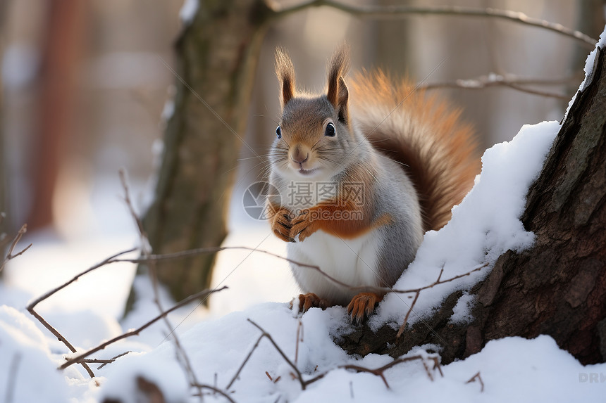 可爱的松鼠在雪地里觅食图片