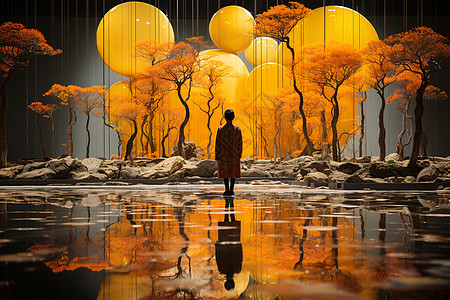 男子站在一幅有树和黄气球的画前图片