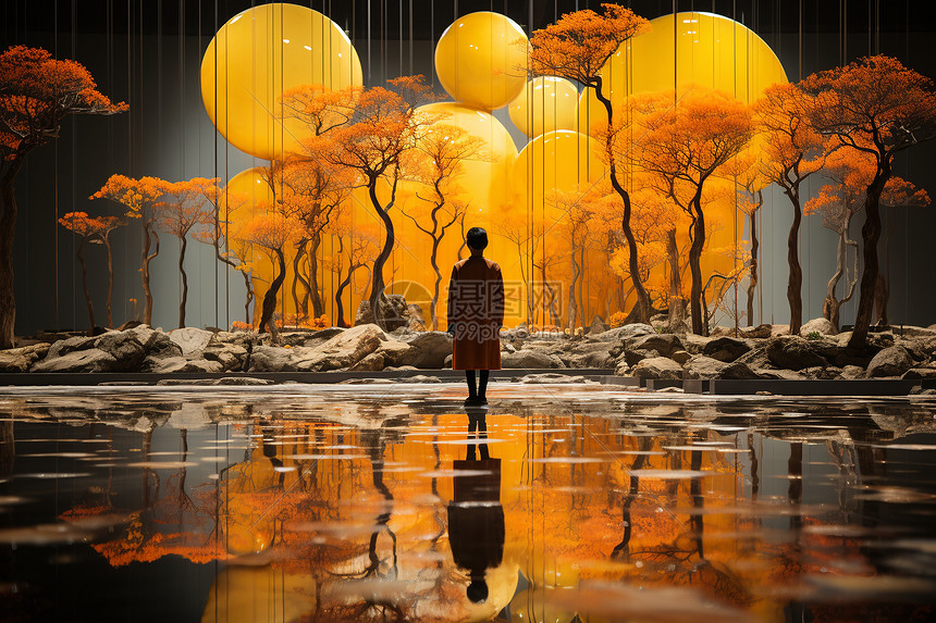 男子站在一幅有树和黄气球的画前图片
