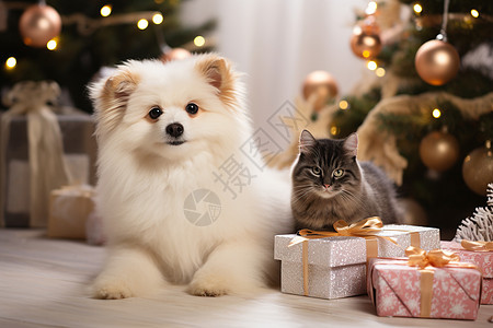 圣诞树旁的猫和狗图片