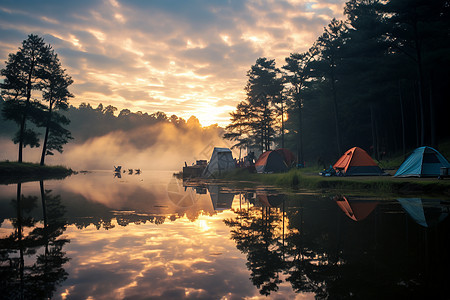 湖边的帐篷和黄昏图片