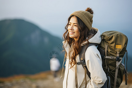 户外运动风景女游客徒步旅行背景