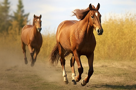 两匹马在高草原上奔驰图片