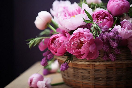 花篮中盛开着粉色的花朵图片