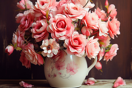 粉色花朵插在花瓶中图片