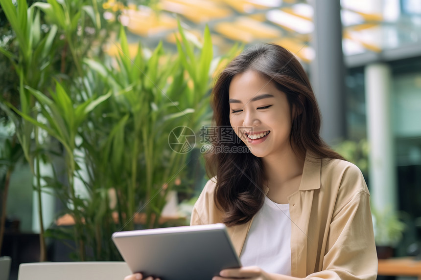 户外办公的休闲女子图片