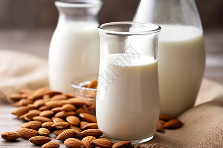 营养丰富的牛奶和杏仁背景图片