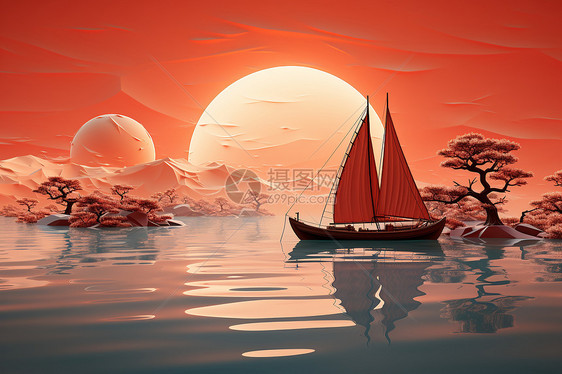 艺术美感的湖泊船只插图图片