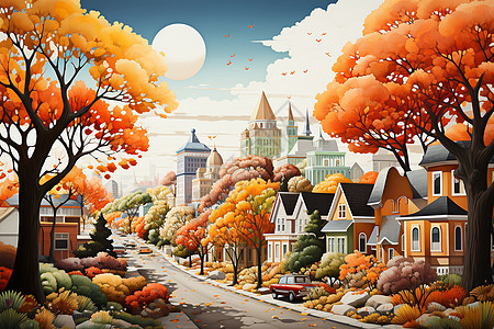 充满秋天色彩的城市景观图片