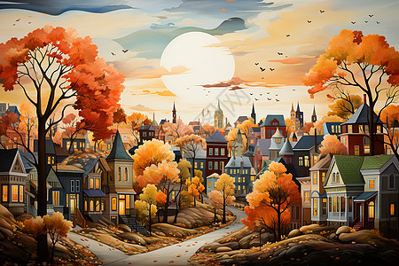 卡通秋色的城市景观图片
