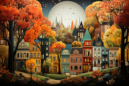 秋天色彩斑斓的城市插图图片