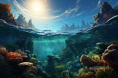 阳光下生机勃勃的海底世界图片