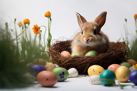 鸟巢中可爱的兔子和彩蛋图片