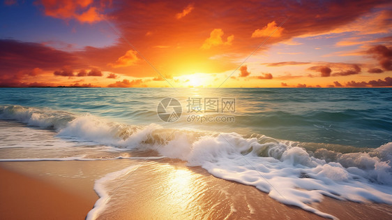 夕阳映照的海浪图片