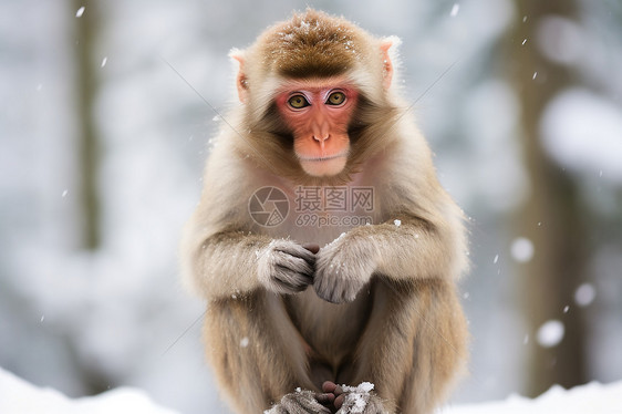 雪中蜷缩的野生猕猴图片