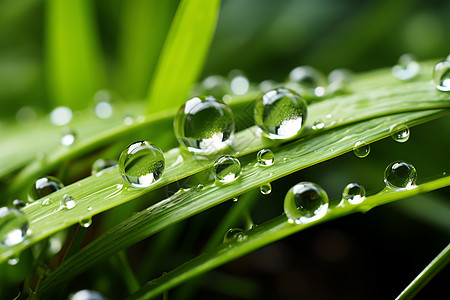 绿叶上雨滴的特写镜头图片