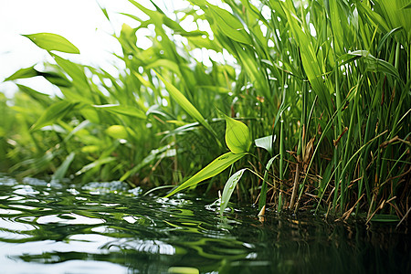 夏季池塘中的芦苇图片