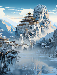 雪中山顶的藏族建筑图片