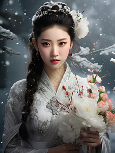 唯美的国风雪中少女插图背景