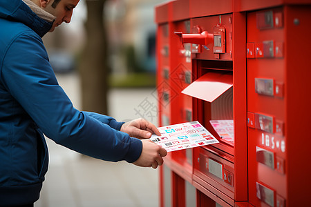 红色信箱旁投递信件的男子图片