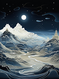 梦幻的雪山景观插图背景图片