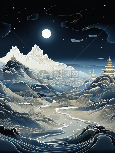 梦幻的雪山景观插图图片