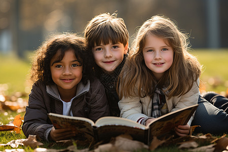 草坪上阅读书籍的孩子图片
