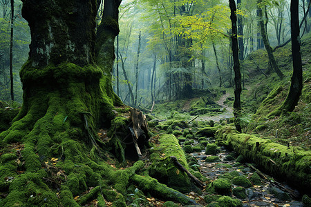 森林树木覆盖森林的苔藓背景