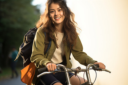 骑着自行车的女学生图片