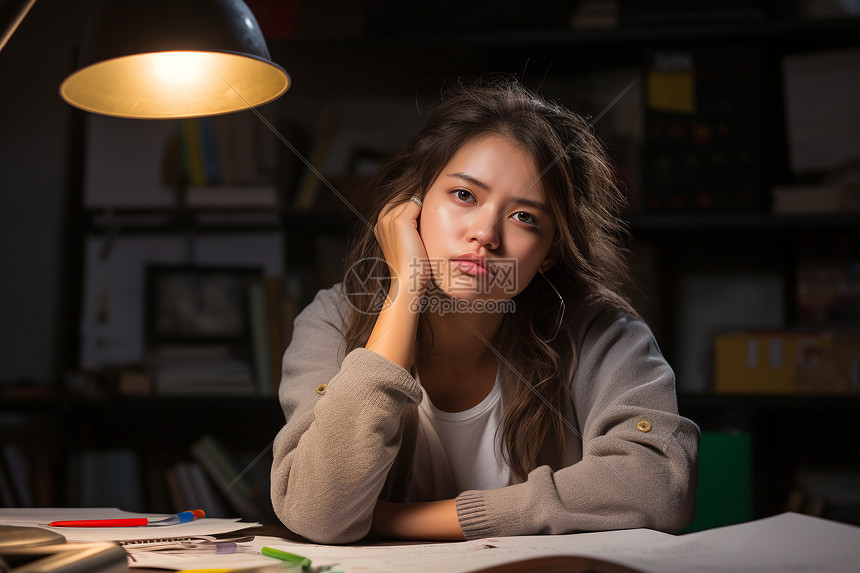 在书桌前的女大学生图片