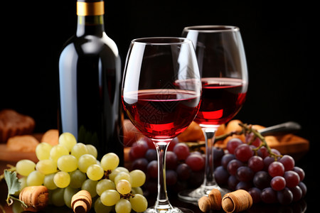 桌面上可口的红酒和葡萄图片