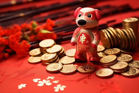 传统玩具桌面上的货币和玩偶背景