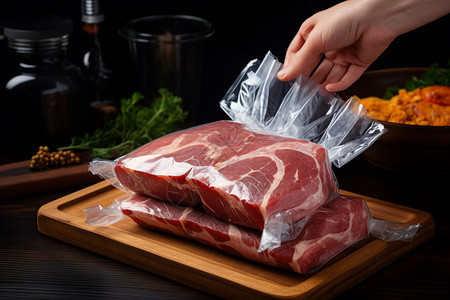 塑料砧板塑料包装的猪肉背景