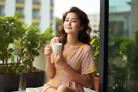 阳台上喝咖啡的女性图片