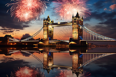 伦敦塔桥跨越夜空的水上烟花插画